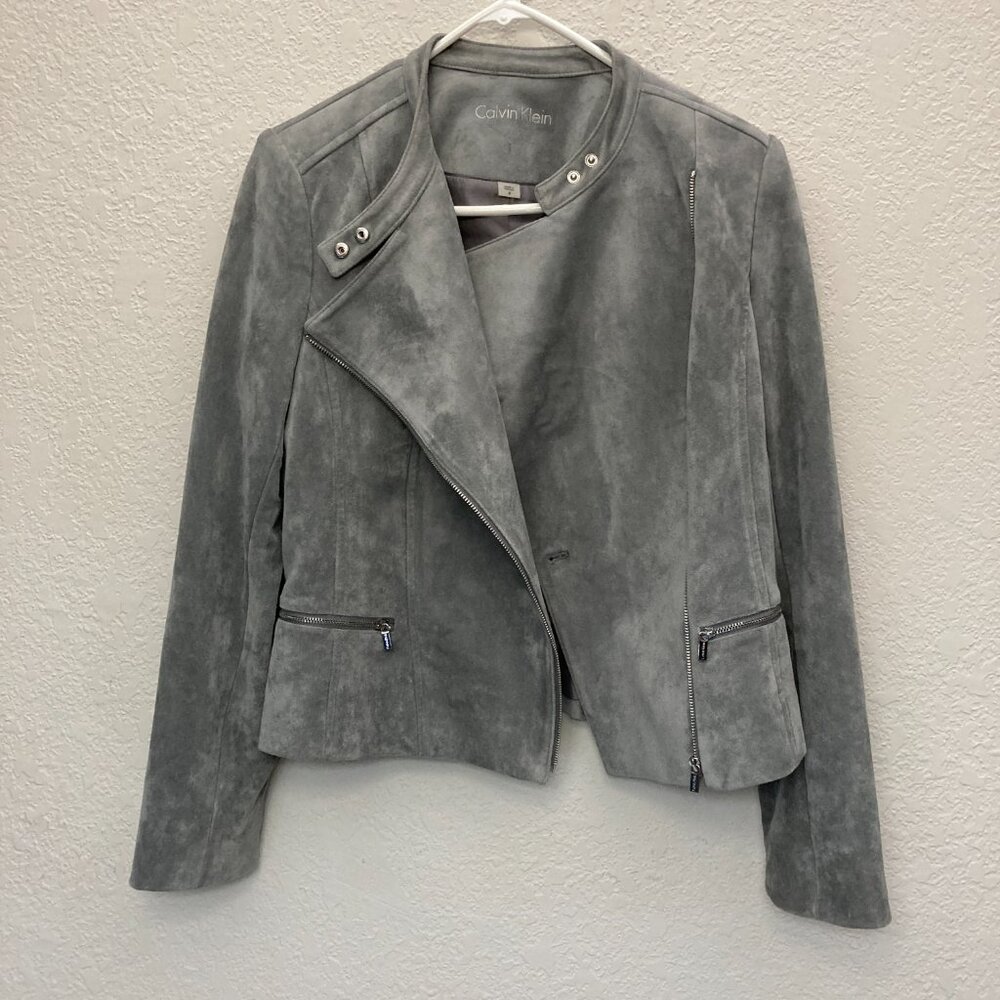 Calvin Klein Womens Suede Moto Jacket in Gray Size 8